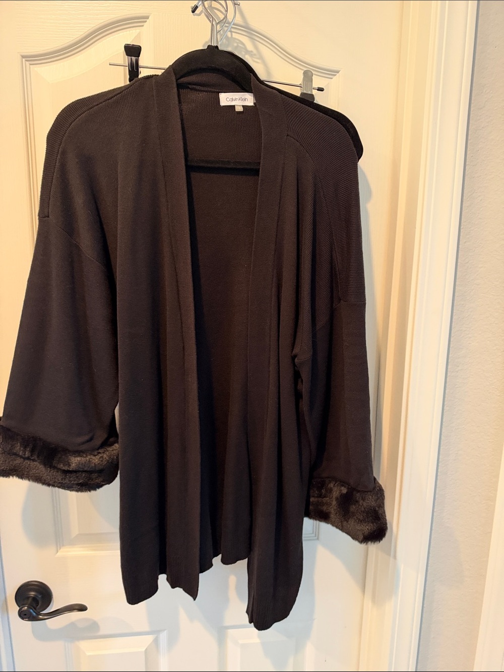 Calvin Klein Black Open-Front Cardigan with Faux Fur Cuffs